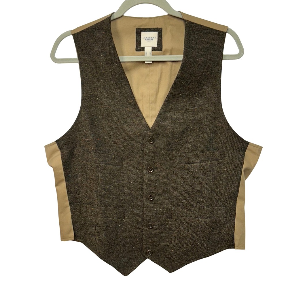 Lands End Canvas Mens Brown Donegal Wool Blend Tweed Vest Tan Back Medium